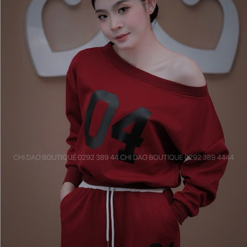 Red Off-Shoulder Sweatshirt with Black Number